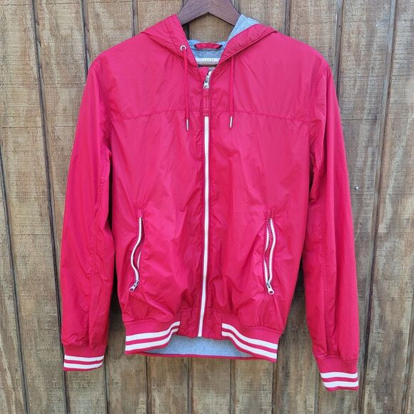 H&M LOGG Red Lined Hooded Windbreaker Vintage Retro Inspired Jacket Mens Size M - Picture 1 of 7